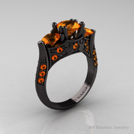 Nature Inspired 14K Black Gold Three Stone Orange Sapphire Solitaire Wedding Ring Y230-14KBGOS-1