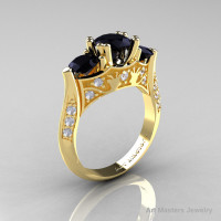 Nature Inspired 14K Yellow Gold Three Stone Black and White Diamond Solitaire Wedding Ring Y230-14KYGDBD-1