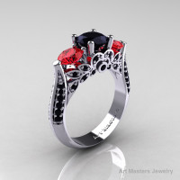 Classic 10K White Gold Three Stone Black Diamond Ruby Solitaire Ring R200-10KWGRBD-1