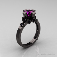 Modern Armenian Bridal 14K Black Gold 1.0 Amethyst Black Diamond Solitaire Ring R240-14KBGBDAM-1