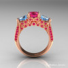 Classic 14K Rose Gold Three Stone Blue Topaz Pink Sapphire Solitaire Ring R200-14KRGBTPS-2