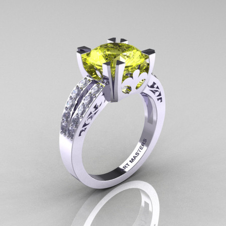 Modern Vintage 14K White Gold 3.0 Carat Yellow Topaz Diamond Solitaire Ring R102-14KWGDYT-1