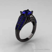 Aztec Edwardian 14K Black Gold 1.0 CT Blue Sapphire Engagement Ring R001-14KBGBS-1