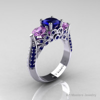 Classic 10K White Gold Three Stone Blue Sapphire Lilac Amethyst Solitaire Ring R200-10KWGLAMBS-1
