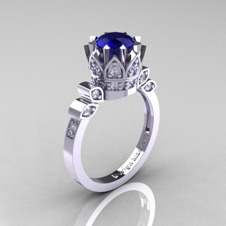 Classic Armenian 14K White Gold 1.0 Blue Sapphire Diamond Bridal Solitaire Ring R405-14KWGDBS-1