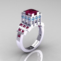 Modern Industrial 14K White Gold 1.23 CT Princess Red Garnet Blue Topaz Bridal Ring R316-14KWGBTRG-1