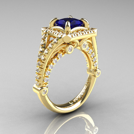 Modern Art Nouveau 14K Yellow Gold 1.23 Carat Princess Blue Sapphire Diamond Engagement Ring Wedding Ring R336-14KYGDBS-1