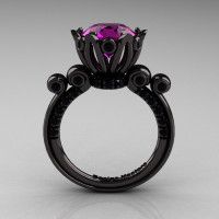 French Antique 14K Black Gold 3.0 CT Amethyst Black Diamond Solitaire Wedding Ring Y235-14KBGBDAM-1