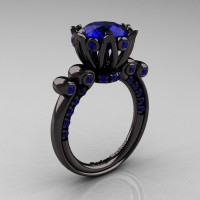 French Antique 14K Black Gold 3.0 Carat Blue Sapphire Solitaire Wedding Ring Y235-14KBGBS-1