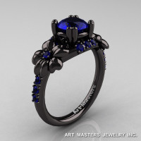 Nature Inspired 14K Black Gold 1.0 Ct Blue Sapphire Leaf and Vine Engagement Ring R245-14KBGBS-1