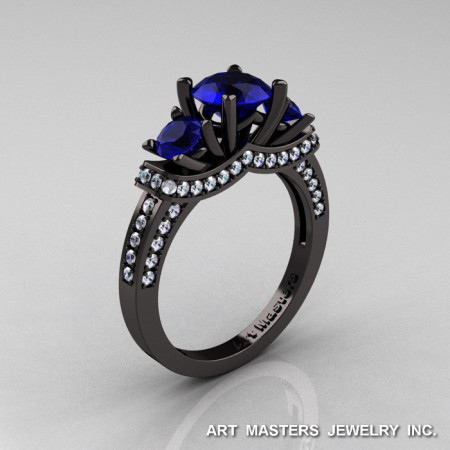 French 14K Black Gold Three Stone Blue Sapphire Diamond Wedding Ring Engagement Ring R182-14KBGDBS-1