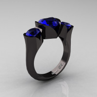 Nature Classic 14K Black Gold 2.0 Ct Heart Blue Sapphire Three Stone Floral Engagement Ring Wedding Ring R434-14KBGBS-1