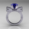 French 14K White Gold 3.0 CT Blue Sapphire Diamond Engagement Ring Wedding Ring R382-14KWGDBS-2