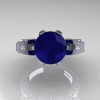 French 14K White Gold 3.0 CT Blue Sapphire Diamond Engagement Ring Wedding Ring R382-14KWGDBS-3