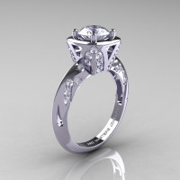 Classic French 14K White Gold 1.0 Carat White Sapphire Diamond Engagement Ring Wedding RIng R502-14KWGDWS-1