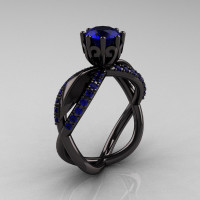 14k black gold blue sapphire unusual unique floral engagement ring anniversary ring wedding ring R278SB-BGDBS-1
