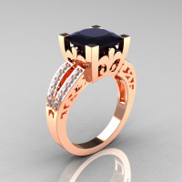 French Vintage 14K Rose Gold 3.8 Carat Princess Black and White Diamond Solitaire Ring R222-RGDBD-1