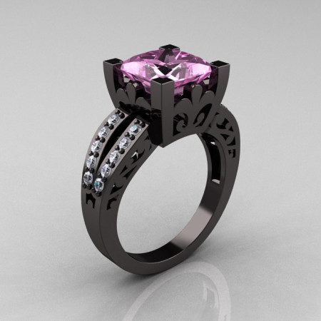 French Vintage 14K Black Gold 3.8 Carat Princess Light Pink Sapphire Diamond Solitaire Ring R222-BGDLPS-1