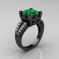 French Vintage 14K Black Gold 3.8 Carat Princess Emerald Diamond Solitaire Ring R222-BGDEM-1