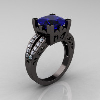 French Vintage 14K Black Gold 3.8 Carat Princess Blue Sapphire Diamond Solitaire Ring R222-BGDBS-1