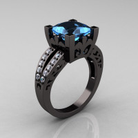 French Vintage 14K Black Gold 3.8 Carat Princess Blue Topaz Diamond Solitaire Ring R222-BGDBT-1