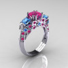 Classic 14K White Gold Three Stone Princess Pink Sapphire Blue Topaz Solitaire Ring Wedding Band Set R500S-14KWGBTPS-2