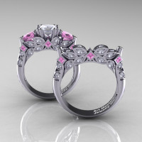 Classic 18K White Gold Three Stone Princess White and Light Pink Sapphire Solitaire Engagement Ring Wedding Band Set R500S-18KWGLPSWS-1