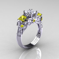 Classic 18K White Gold Three Stone Princess White and Yellow Sapphire Solitaire Engagement Ring R500-18KWGYSWS-1