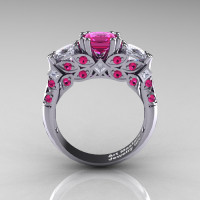 Classic 14K White Gold Three Stone Princess Pink and White Sapphire Solitaire Engagement Ring R500-14KWGWSPS-1