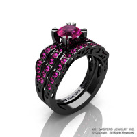 Modern Vintage 14K Black Gold 1.0 Carat Pink Sapphire Solitaire and Wedding Band Bridal Set R322S-14KBGPS-1