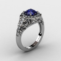 Italian 950 Platinum 1.0 Ct Blue Sapphire Diamond Engagement Ring Wedding Ring R280-PLATDBS-1