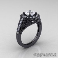 Italian 14K Matte Black Gold 1.0 Ct White Sapphire Diamond Engagement Ring Wedding Ring R280-14KMBGDWS-1