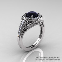 Italian 950 Platinum 1.0 Ct Black and White Diamond Engagement Ring Wedding Ring R280-PLATDBD-1