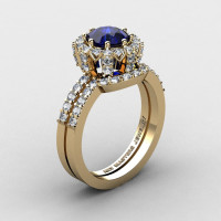 French 14K Yellow Gold 1.0 Ct Blue Sapphire Diamond Engagement Ring Wedding Band Set R408S-14KYGDBS-1