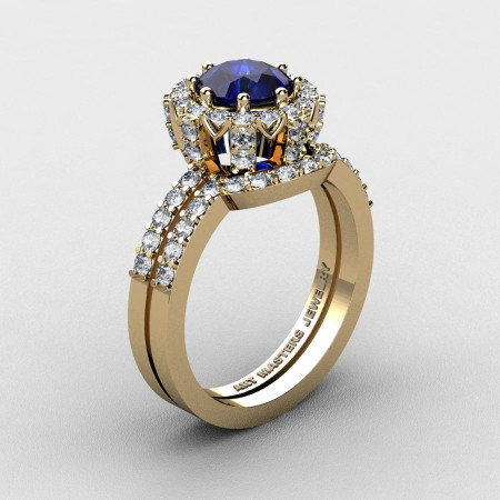 French 14K Yellow Gold 1.0 Ct Blue Sapphire Diamond Engagement Ring Wedding Band Set R408S-14KYGDBS-1