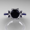 Classic 14K White Gold 1.0 Ct Black Diamond Blue Sapphire Solitaire Wedding Ring R410-14KWGBSBD-3