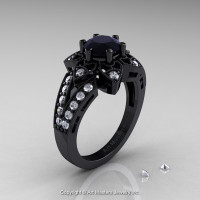 Art Deco 14K Black Gold 1.0 Ct Black and White Diamond Wedding Ring Engagement Ring R286-14KBGDBD-1