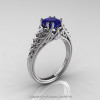 Classic French 14K White Gold 1.0 Ct Princess Blue Sapphire Diamond Lace Engagement Ring Wedding Band Set R175PS-14KWGDBS-2