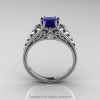 Classic French 14K White Gold 1.0 Ct Princess Blue Sapphire Diamond Lace Engagement Ring Wedding Band Set R175PS-14KWGDBS-4