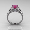 Classic French 14K White Gold 1.0 Ct Princess Pink Sapphire Diamond Lace Engagement Ring Wedding Band Set R175PS-14KWGDPS-4