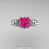 Classic French 14K White Gold 1.0 Ct Princess Pink Sapphire Diamond Lace Engagement Ring Wedding Band Set R175PS-14KWGDPS-5