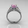 Classic French 14K White Gold 1.0 Ct Princess Light Pink Sapphire Diamond Lace Engagement Ring Wedding Band Set R175PS-14KWGDLPS-4