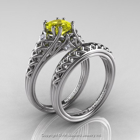 Classic French 14K White Gold 1.0 Ct Princess Yellow Sapphire Diamond Lace Engagement Ring Wedding Band Set R175PS-14KWGDYS-1