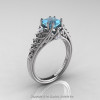 Classic French 14K White Gold 1.0 Ct Princess Aquamarine Diamond Lace Engagement Ring Wedding Band Set R175PS-14KWGDAQ-2