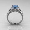 Classic French 14K White Gold 1.0 Ct Princess Blue Topaz Diamond Lace Engagement Ring Wedding Band Set R175PS-14KWGDBT-2