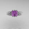 Classic French 14K White Gold 1.0 Ct Princess Lilac Amethyst Diamond Lace Engagement Ring Wedding Band Set R175PS-14KWGDLAM-5