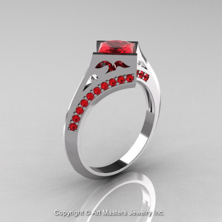 Modern French 14K White Gold 1.23 Ct Princess Rubies Engagement Ring Wedding Ring R176-14WGR-1