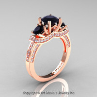 Exclusive French 18K Rose Gold Three Stone Black and White Diamond Engagement Ring Wedding Ring R182-18KRGDBD-1