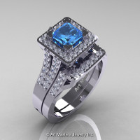 French 14K White Gold 1.0 Ct Princess Blue Topaz Diamond Engagement Ring Wedding Band Set R215PS-14KWGDBT-1