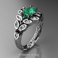 Art Masters Nature Inspired 14K White Gold 1.0 Ct Oval Emerald Diamond Leaf and Vine Solitaire Ring R267-14KWGDEM-1